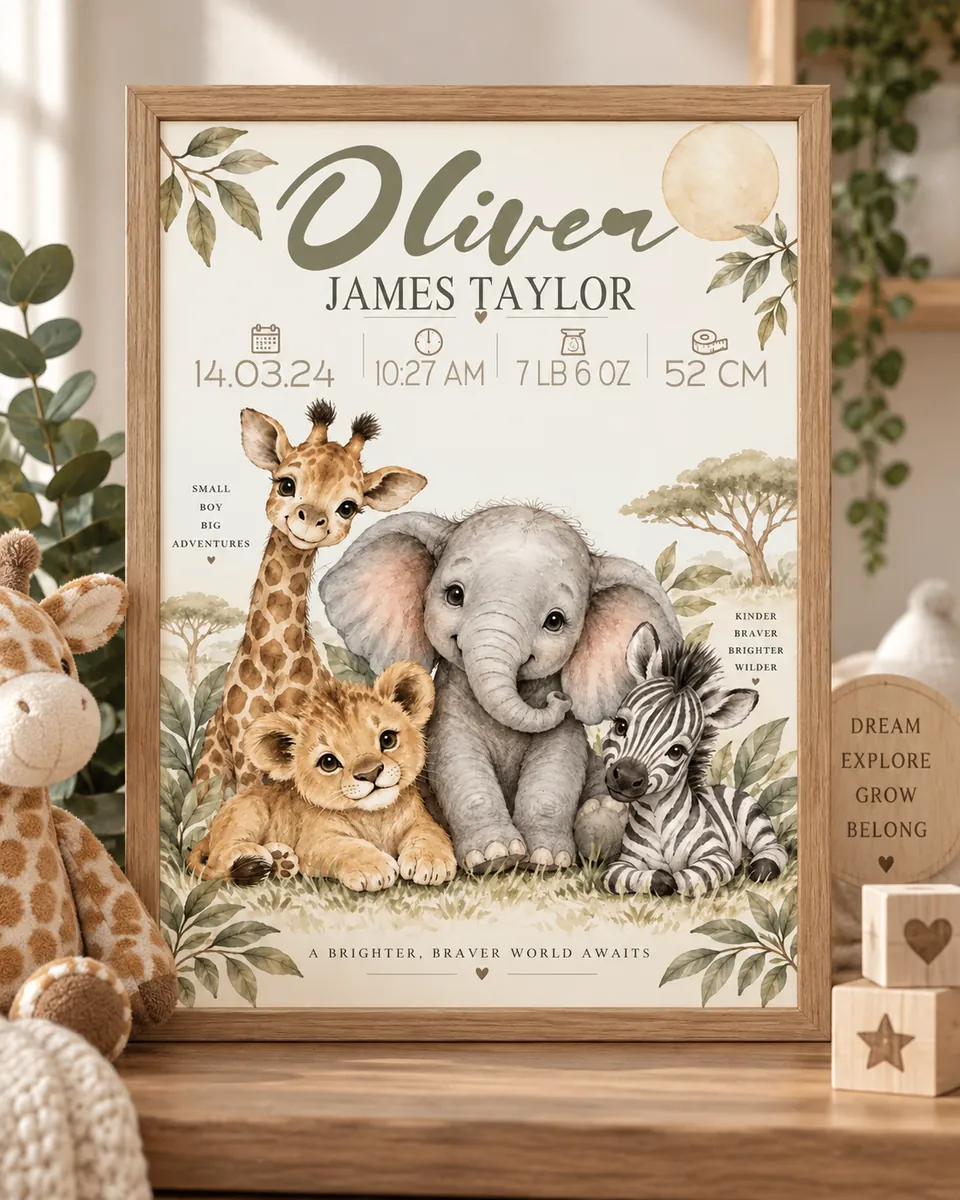 Personalised safari baby print styled in a nursery