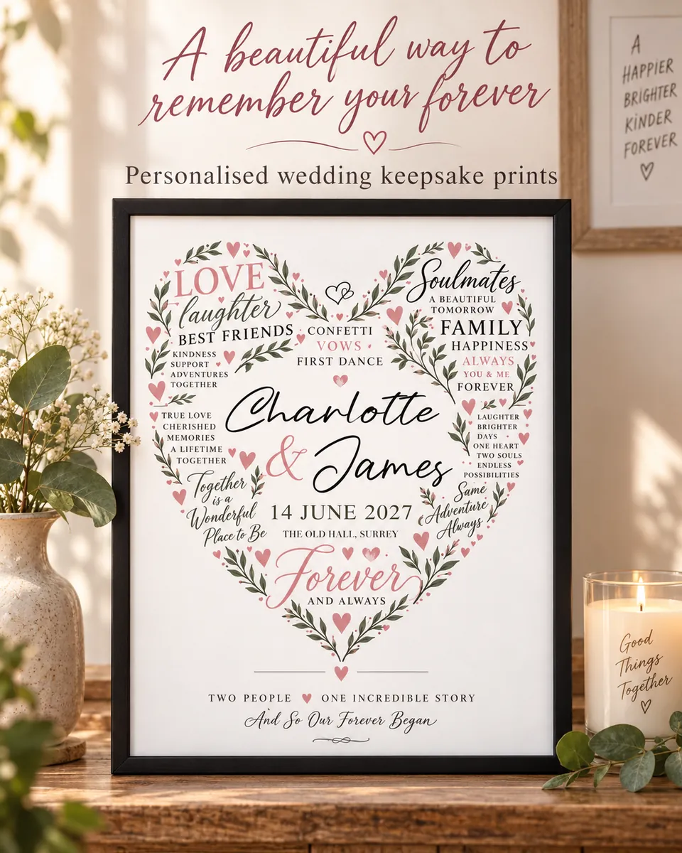 Personalised wedding keepsake print in a warm room