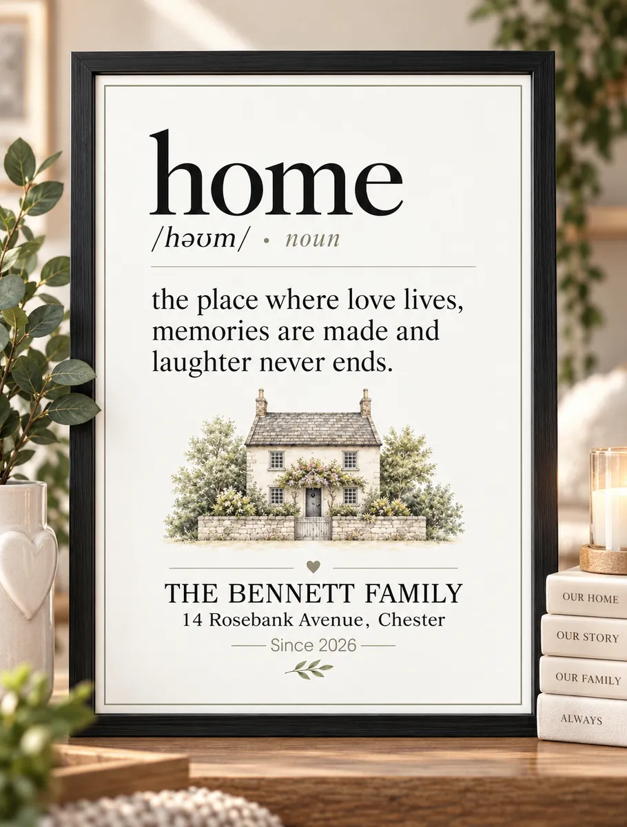 Personalised family home print styled on a wooden table